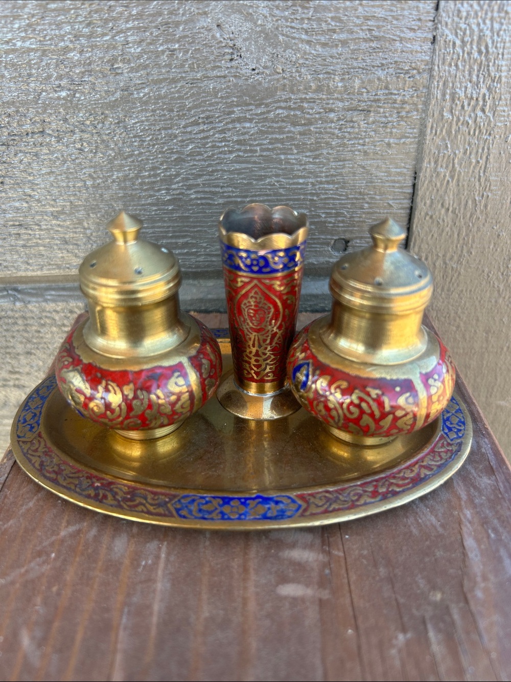 Vintage Brass and Enamel Salt & Pepper Set with Toothpick Cup and Tray
